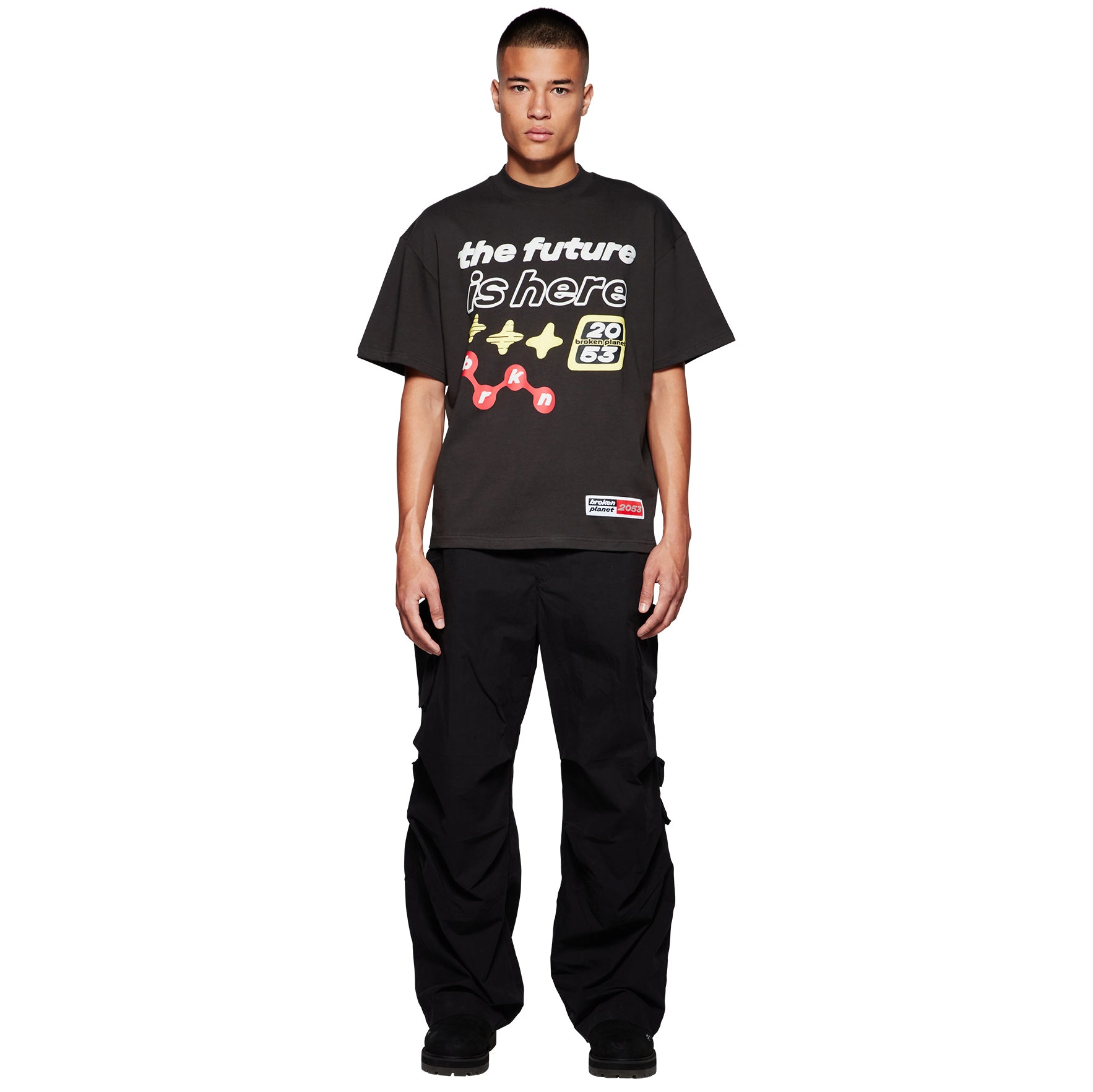 Model front view of Broken Planet The Future Is Here Midnight Black T Shirt BP-TFIH-TS-S_BLACK